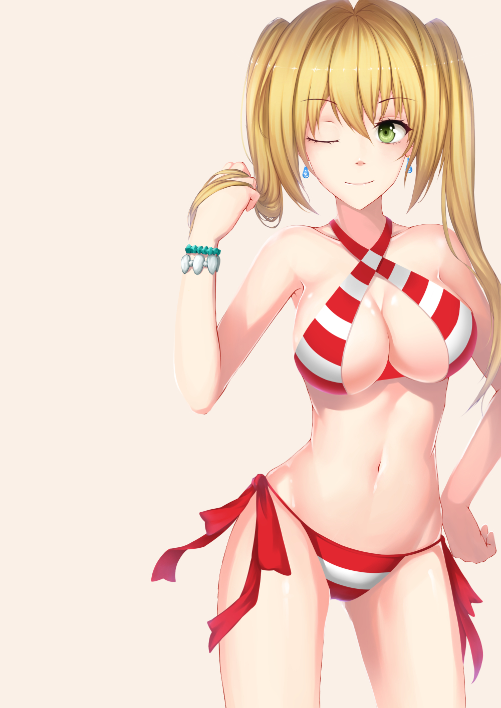 1girl blonde_hair blush bracelet breasts cleavage closed_mouth earrings eyebrows_visible_through_hair fate/grand_order fate_(series) green_eyes hand_on_hip highres jewelry large_breasts long_hair navel nero_claudius_(swimsuit_caster)_(fate) one_eye_closed saber_extra scal2let smile solo twintails