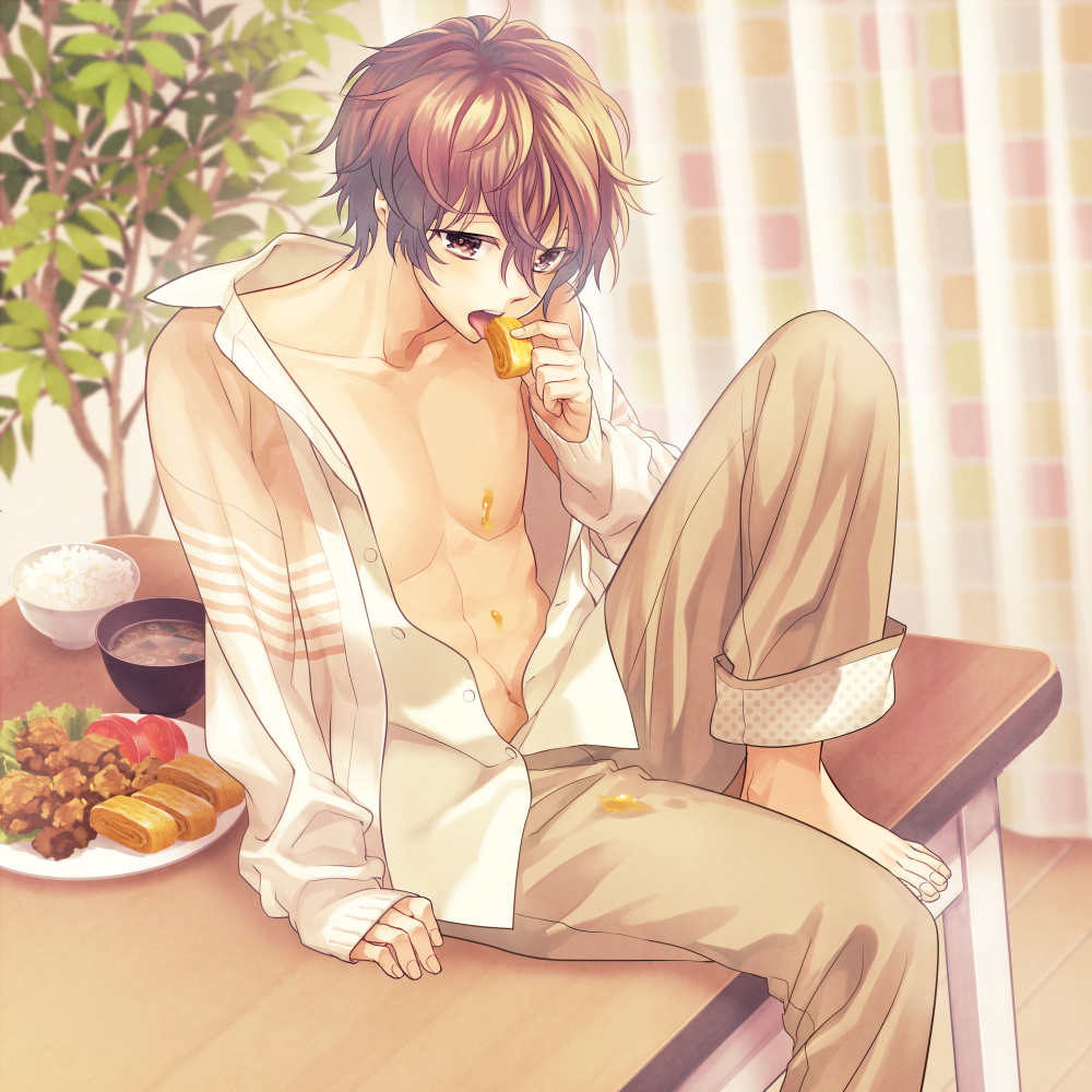 1boy baklava barefoot brown_eyes brown_hair brown_pants burakon! curtains eating food honey inside jacket looking_at_viewer male_focus minamibe navel official_art on_table pants rice_bowl sitting solo soup table tomato tree unbuttoned unbuttoned_shirt