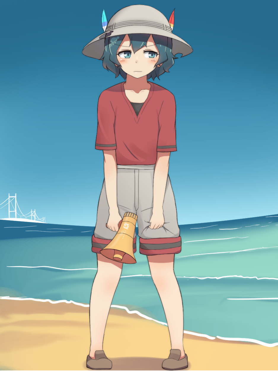 1girl beach blue_eyes blue_hair blush bridge brown_shoes bucket_hat closed_mouth clothes_grab collarbone commentary eyebrows_visible_through_hair full_body hair_between_eyes hat hat_feather hatafuta highres holding japari_symbol_print kaban_(kemono_friends) kemono_friends legs_apart looking_away megaphone outdoors red_shirt shirt shoes short_sleeves shorts sky solo standing water