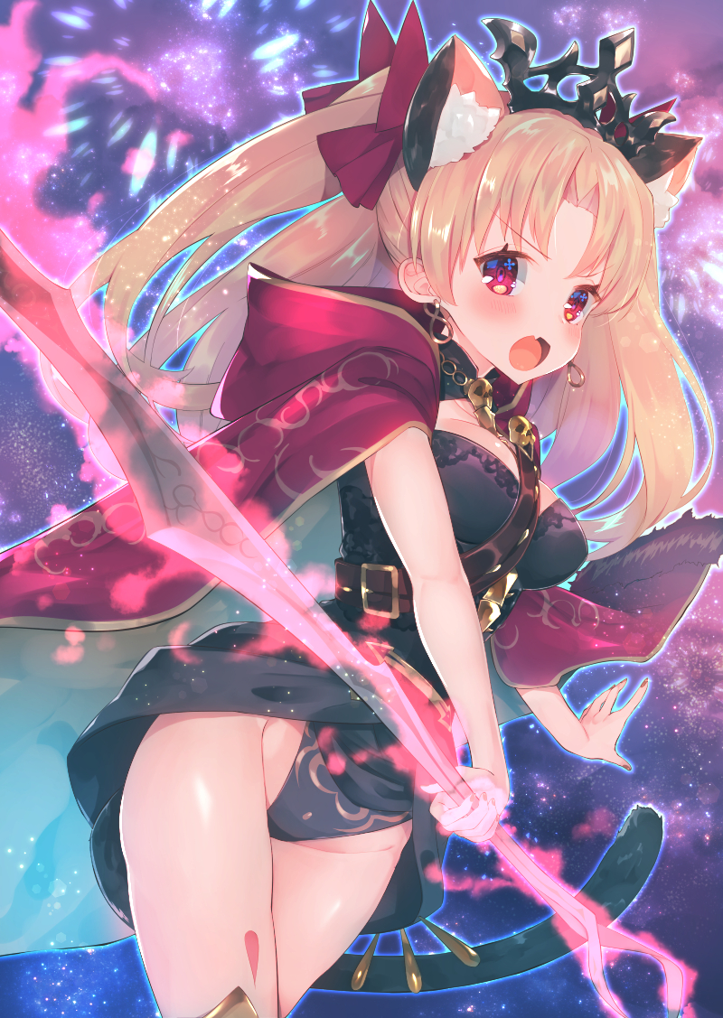 1girl animal_ears bangs between_breasts black_leotard blonde_hair bow breasts cat_ears cat_tail cloak cowboy_shot crown dutch_angle ereshkigal_(fate/grand_order) eyebrows_visible_through_hair fang fate/grand_order fate_(series) fireworks hair_bow highleg highleg_leotard holding holding_staff kemonomimi_mode leotard long_hair looking_at_viewer medium_breasts nail_polish open_mouth parted_bangs purple_bow red_eyes solo staff strap_cleavage suzuho_hotaru tail tareme tohsaka_rin two_side_up