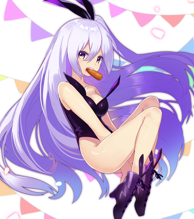 1girl animal_ears bangs bare_legs bare_shoulders between_legs black_leotard boots bunnysuit carrot collarbone floating_hair food food_in_mouth full_body hair_between_eyes hand_between_legs high_heel_boots high_heels leotard long_hair looking_at_viewer mouth_hold nyori one_side_up original pennant purple_boots rabbit_ears sidelocks solo teeth vegetable very_long_hair