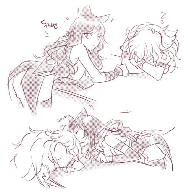 2girls blake_belladonna forehead_kiss kiss multiple_girls rwby rwby_fanartnest sleeping translation_request yang_xiao_long yuri