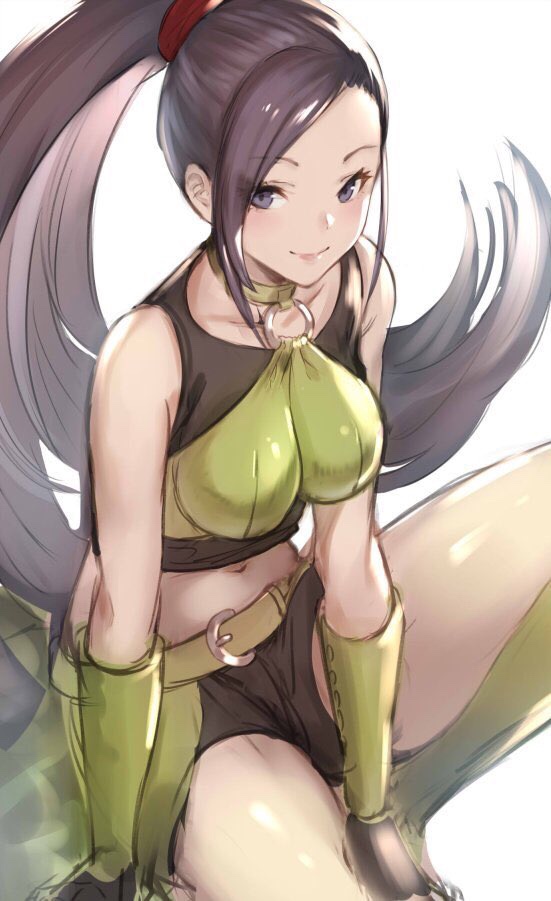 1girl bangs belt black_hair black_shorts blue_eyes breasts closed_mouth crop_top dragon_quest dragon_quest_xi forehead knee_up kneeling long_hair looking_at_viewer martina_(dq11) medium_breasts one_knee ponytail shorts sidelocks sleeveless smile sola_(solo0730) solo very_long_hair
