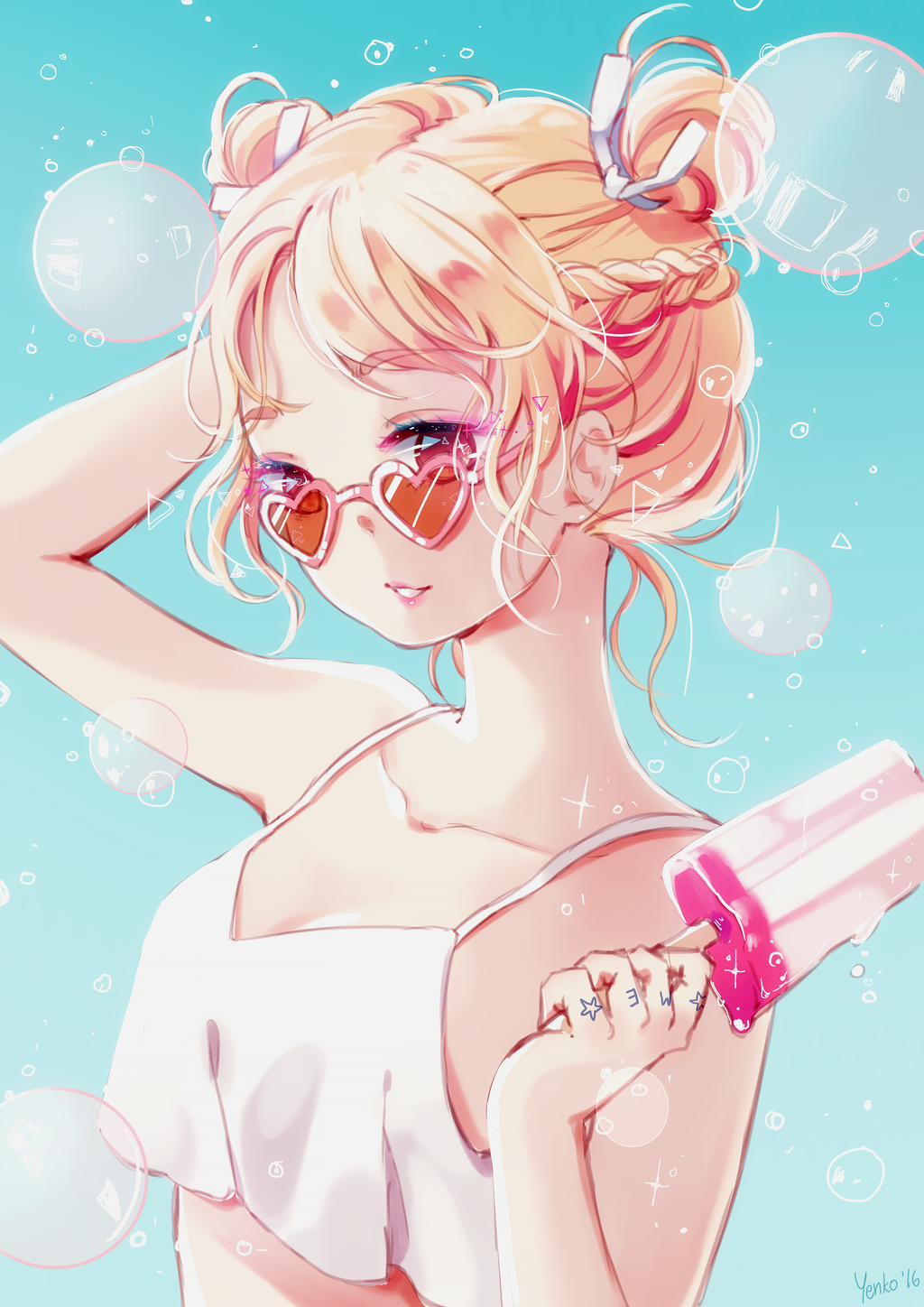 1girl aqua_background arm_behind_back arm_up blonde_hair braid breasts brown_eyes brown_hair bubble collarbone crop_top double_bun eyebrows_visible_through_hair food girls'_generation hair_ribbon heart-shaped_sunglasses highres parted_lips popsicle real_life ribbon signature sm_entertainment small_breasts solo sparkle star_tattoo taeyeon_(girls'_generation) tattoo triangle updo upper_body wavy_hair yennineii