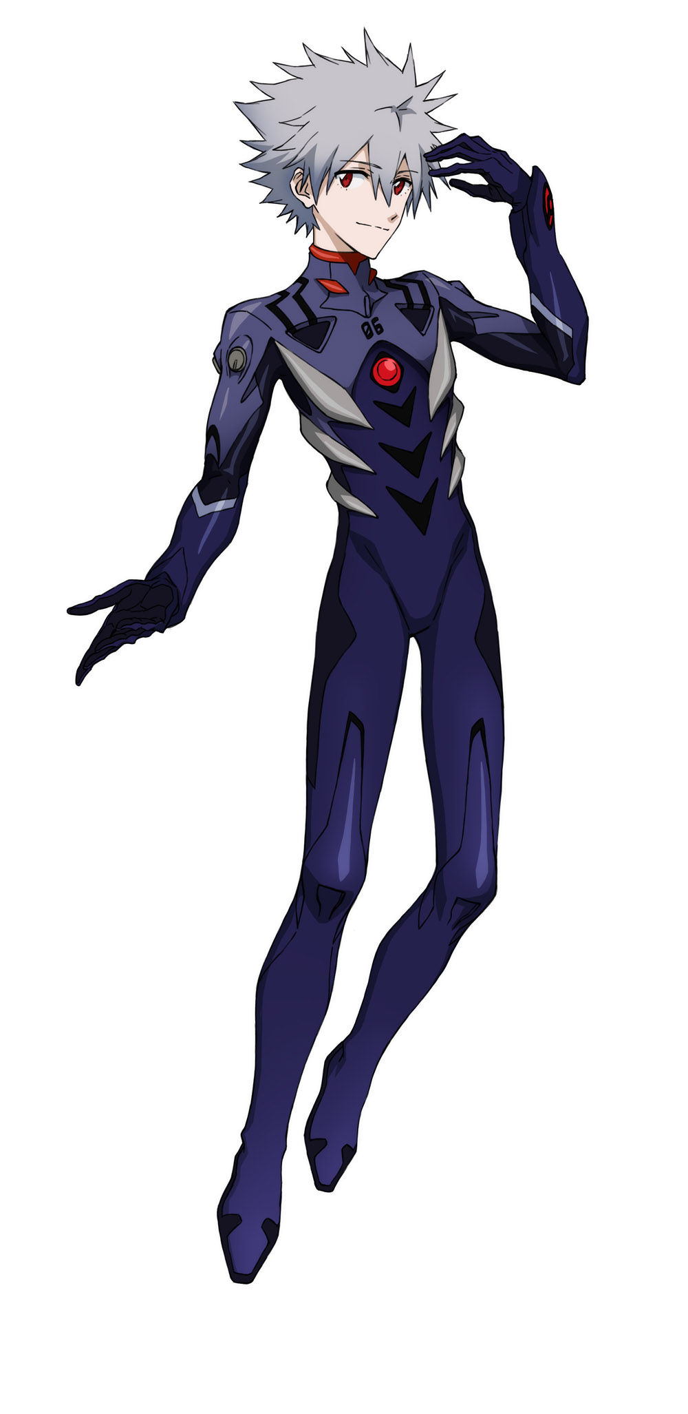 1boy bai_wang bangs blue_bodysuit bodysuit closed_mouth commentary_request eyebrows_visible_through_hair full_body grey_hair hand_to_head highres light_smile looking_at_viewer male_focus nagisa_kaworu neon_genesis_evangelion outstretched_arms pilot_suit plugsuit pointy_hair red_eyes simple_background solo white_background