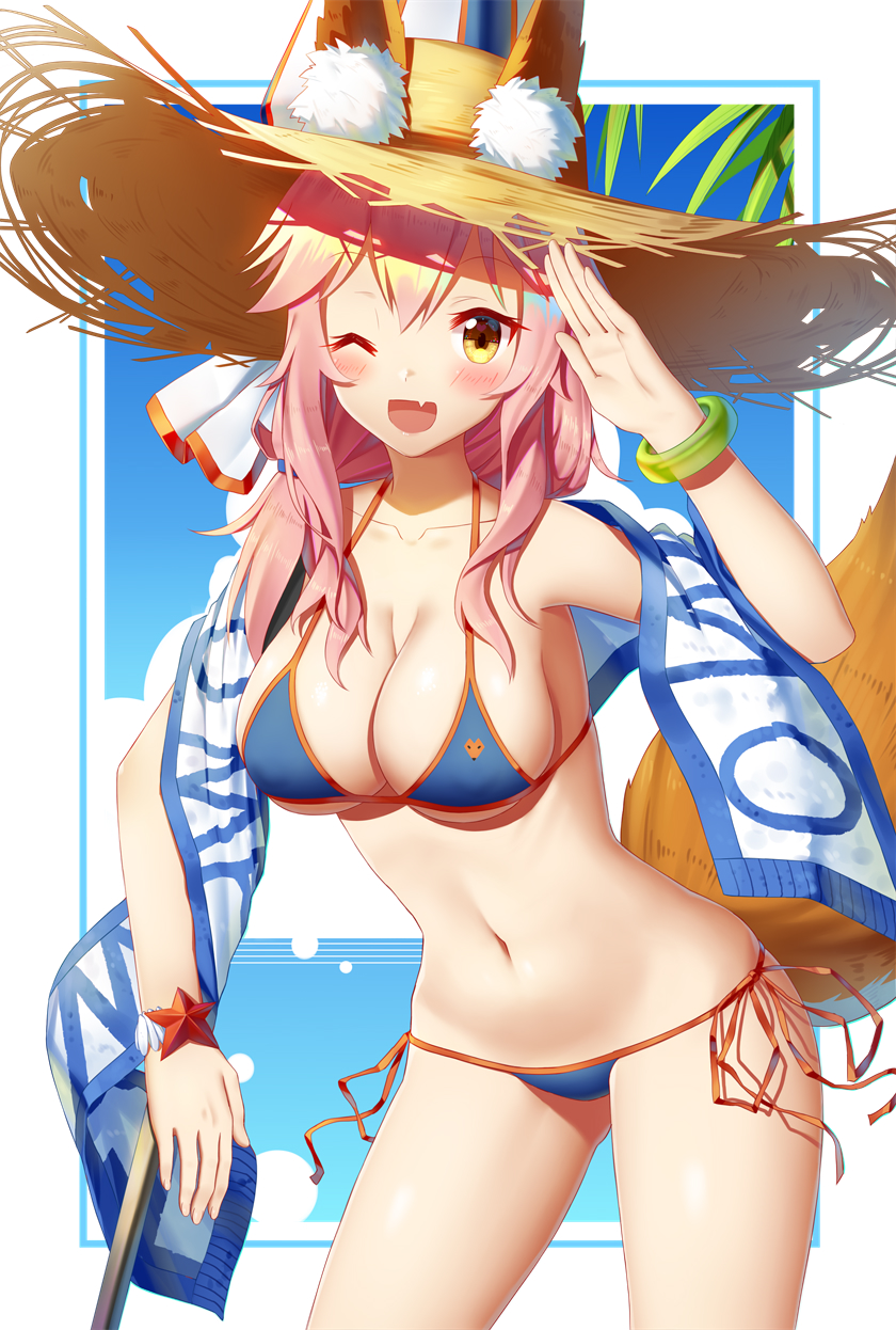 1girl ;d animal_ears arm_up bangs bikini blue_bikini blush bracelet breasts cleavage collarbone fang fate/grand_order fate_(series) fox_ears fox_print fox_tail hat highres holding_flag jewelry ji_dao_ji large_breasts leaning_forward long_hair looking_at_viewer navel one_eye_closed open_mouth pink_hair sidelocks smile solo straw_hat sun_hat swimsuit tail tamamo_(fate)_(all) tamamo_no_mae_(swimsuit_lancer)_(fate) under_boob