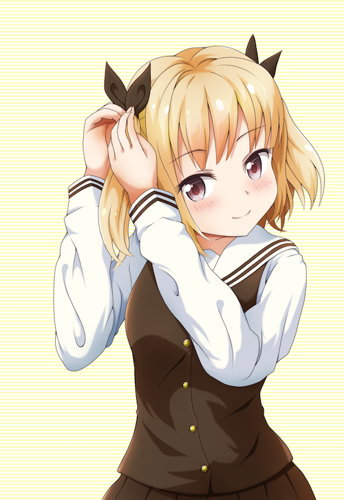 1girl adjusting_hair arms_up bangs blonde_hair blush brown_ribbon brown_skirt brown_vest collared_shirt commentary_request eyebrows_visible_through_hair hair_ribbon hands_in_hair iijima_yun long_sleeves looking_to_the_side nekopantsu_(naanashinozaki) new_game! pleated_skirt ribbon school_uniform shirt skirt smile solo striped striped_background tsurime two_side_up upper_body vest violet_eyes white_shirt
