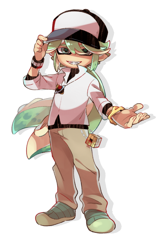 1boy adjusting_clothes adjusting_hat baseball_cap black_hat bracelet brown_pants company_connection domino_mask full_body fusion green_eyes green_hair green_shoes grin hat inkling jewelry long_hair long_sleeves looking_at_viewer mask n_(pokemon) pants pointy_ears pokemon ponytail sharp_teeth shirt shoes simple_background smile solo splatoon standing teeth tentacle_hair wahootarou white_background white_shirt