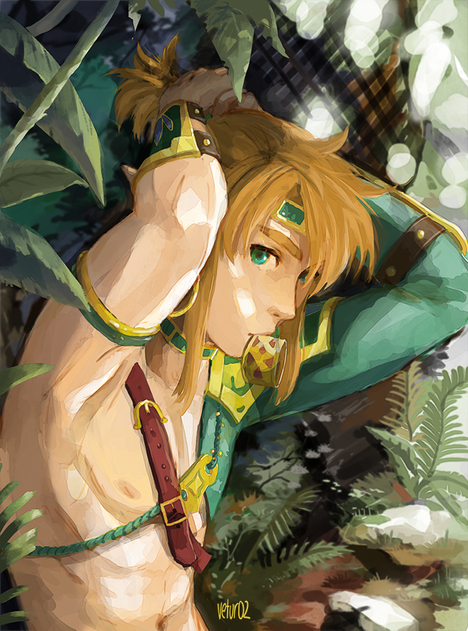 1boy adjusting_hair areolae artist_name blonde_hair blue_eyes choker gerudo_link igote leaf link looking_at_viewer male_focus mouth_hold plant ponytail shirtless solo the_legend_of_zelda the_legend_of_zelda:_breath_of_the_wild toned toned_male upper_body vetur02