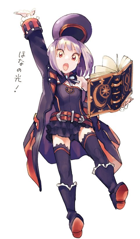 1girl :o bangs bare_shoulders belt beret blue_ribbon blunt_bangs book boots coat detached_collar dress fate/grand_order fate_(series) flat_chest full_body hand_up hat hat_removed headwear_removed helena_blavatsky_(fate/grand_order) holding holding_book jumping knee_boots lavender_hair long_sleeves looking_at_viewer open_book open_clothes open_coat open_mouth purple_boots purple_coat purple_dress purple_hat purple_legwear red_eyes ribbon shiny shiny_hair shoes short_hair simple_background solo strapless surprised thigh-highs translation_request urayamashiro_(artist) white_background