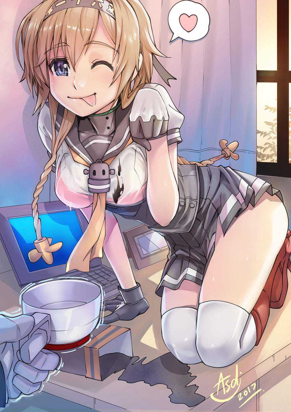 asdj blue_eyes boots bra braid breasts coffee_cup commentary computer gloves hair_ornament hairband heart highres kantai_collection kneehighs kneeling laptop light_brown_hair medium_breasts miniskirt one_eye_closed paw_pose propeller_hair_ornament red_bra short_hair_with_long_locks skirt spoken_heart teruzuki_(kantai_collection) tongue tongue_out twin_braids underwear wet wet_clothes white_legwear