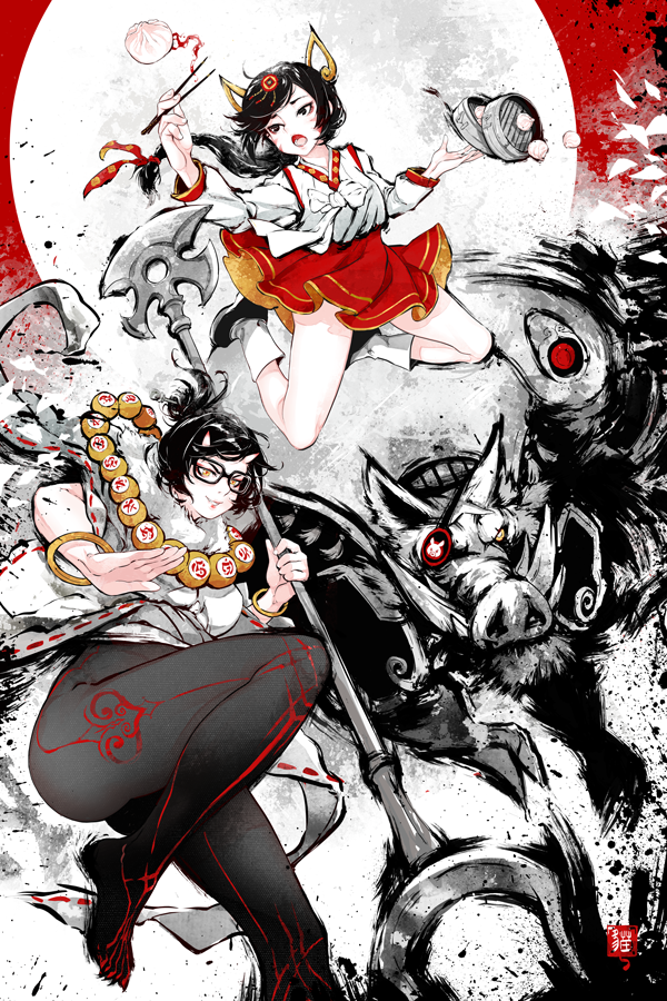 2girls animal_ears bangle baozi beads black-framed_eyewear black_hair black_legwear bracelet chopsticks commentary d.va_(overwatch) demon_horns eyepatch fighting_stance food horns jewelry journey_to_the_west korean_clothes long_hair low-tied_long_hair mei_(overwatch) monster multiple_girls overwatch pantyhose prayer_beads robot_cat staff