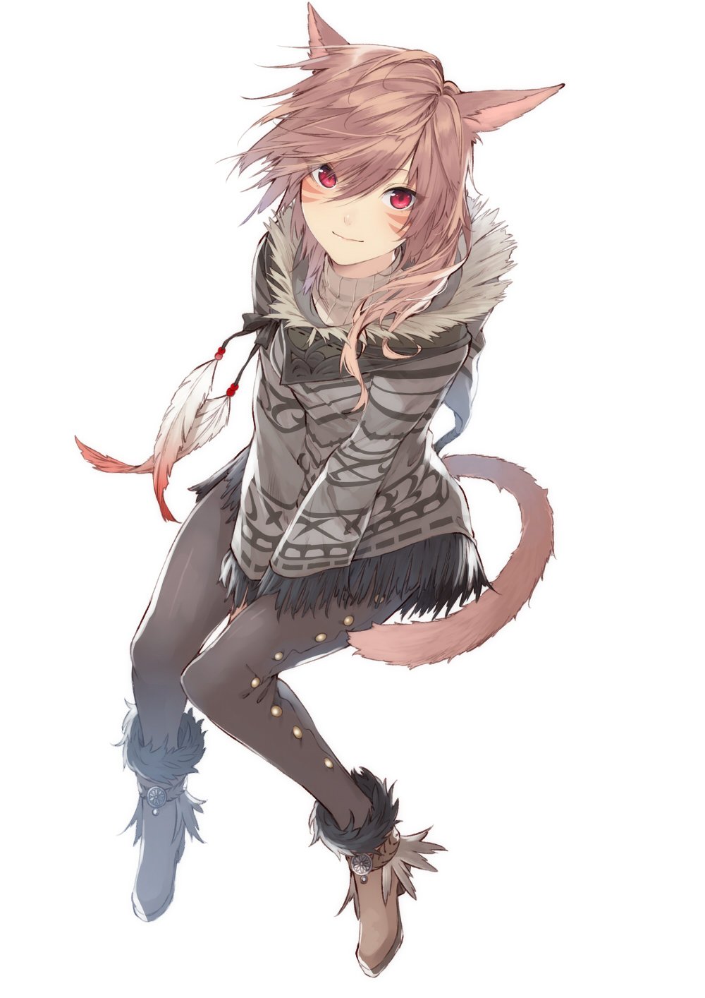 1girl animal_ears brown_hair cat_ears cat_tail facial_mark final_fantasy final_fantasy_xiv fur_trim highres kuwashima_rein long_hair looking_at_viewer looking_up miqo'te poncho red_eyes ribbed_sweater slit_pupils solo sweater tail