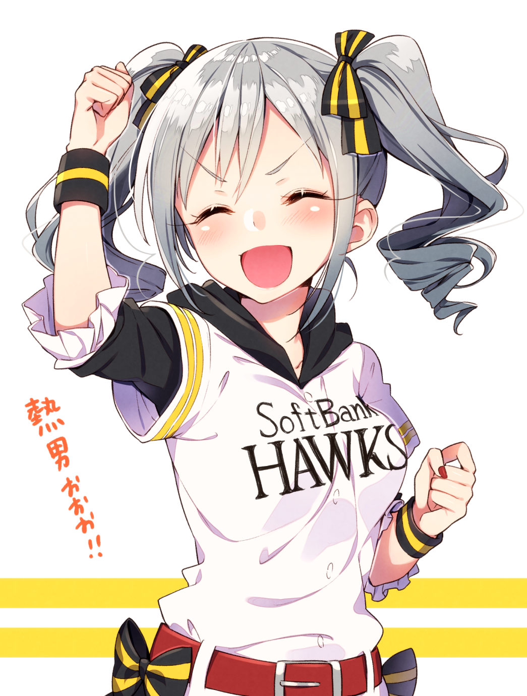 1girl arm_up baseball_uniform blush closed_eyes drill_hair hair_ribbon highres idolmaster idolmaster_cinderella_girls kanzaki_ranko open_mouth ribbon sakuragi_ren silver_hair simple_background solo sportswear twin_drills