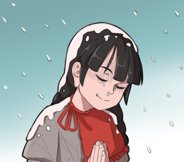 1girl black_hair braid capelet closed_eyes dress earlobes gradient gradient_background grey_dress hands_together long_hair mefomefo no_hat no_headwear red_ribbon ribbon sad_smile single_tear smile snot snow snow_on_head snowing solo touhou twin_braids upper_body yatadera_narumi