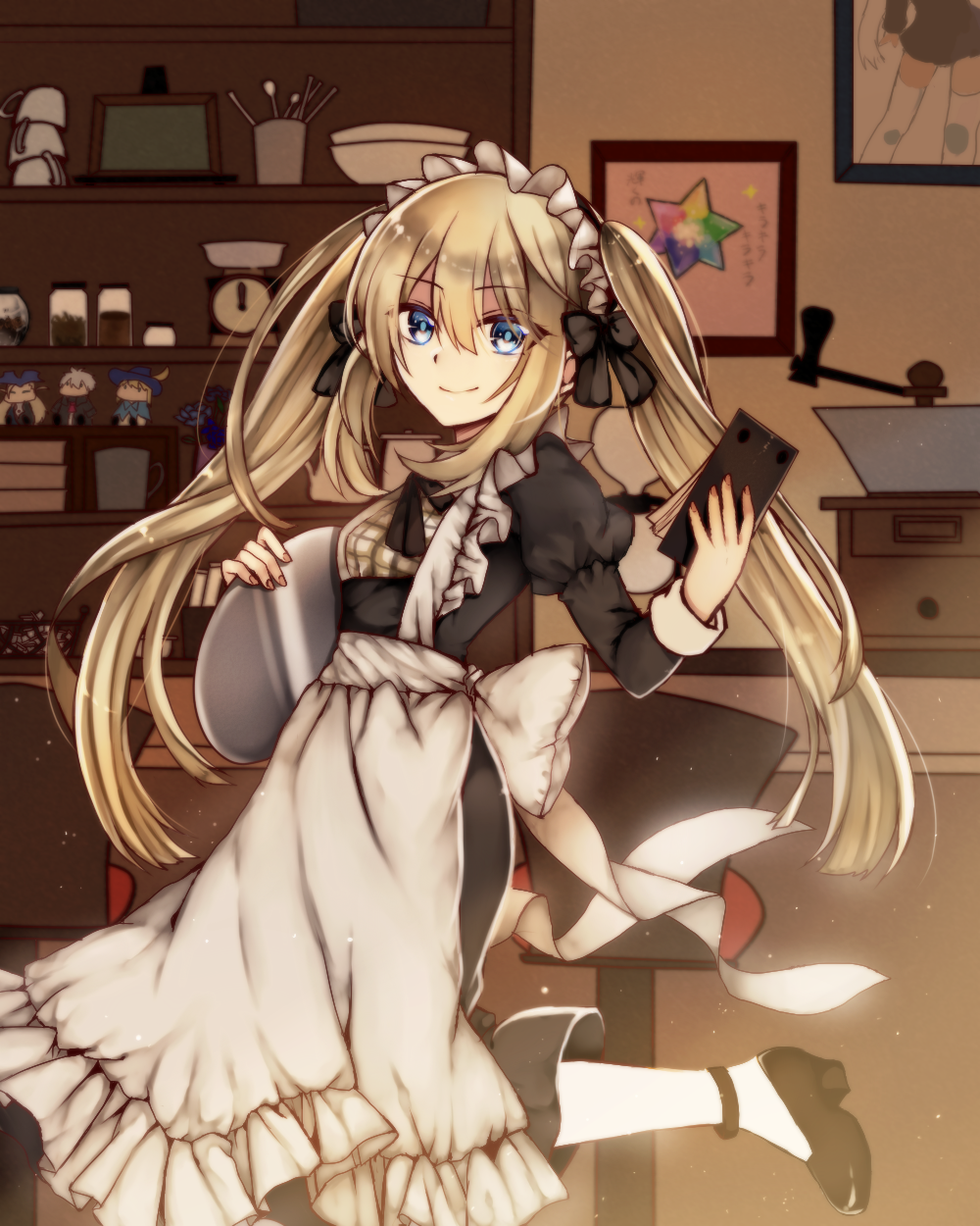 1girl alternate_costume anklet black_bow black_dress black_ribbon black_shoes blonde_hair blue_eyes bow dress enmaided eyebrows_visible_through_hair fate/grand_order fate_(series) floating_hair grey_apron hair_between_eyes hair_bow highres holding indoors jewelry long_dress long_hair maid marie_antoinette_(fate/grand_order) nagatsuki_take neck_ribbon one_leg_raised ribbon shoes solo standing twintails white_legwear