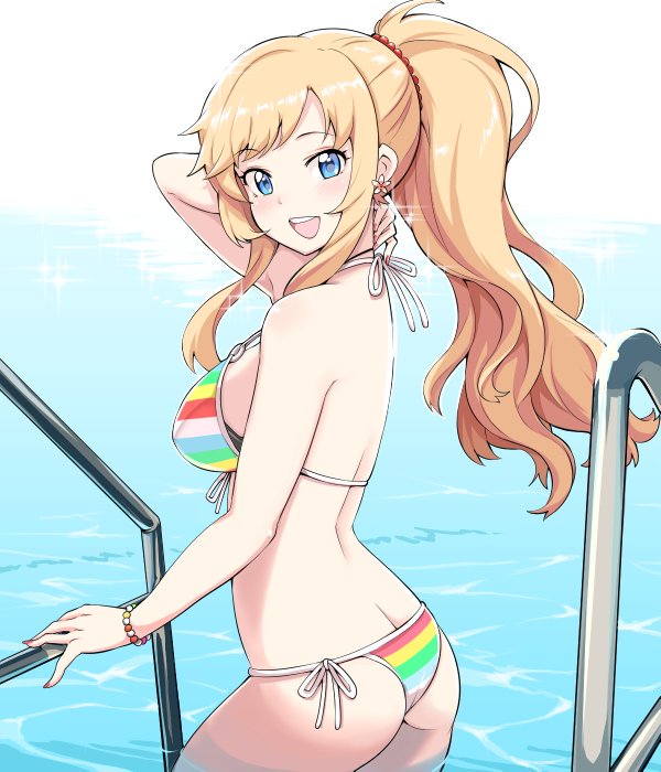 1girl ass bangs bikini bikini_top blonde_hair blue_eyes blush bowieknife bracelet breasts earrings fingernails flower_earrings idolmaster idolmaster_cinderella_girls jewelry long_hair looking_at_viewer medium_breasts multicolored multicolored_bikini multicolored_clothes o-ring o-ring_top ootsuki_yui open_mouth ponytail smirk solo striped striped_bikini swimsuit upper_teeth water