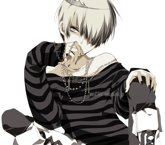 1boy androgynous bad_id bad_pixiv_id belphegor_(reborn) hair_over_eyes jewelry katekyo_hitman_reborn looking_at_viewer male_focus misteor necklace shirt short_hair smile solo striped striped_shirt tiara