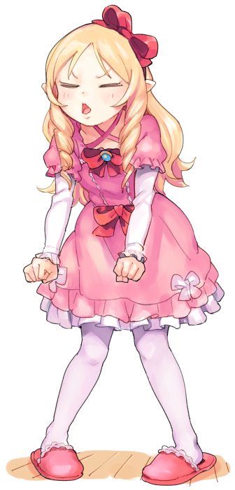 1girl blonde_hair blush bow brooch clenched_hands closed_eyes criss-cross_halter curly_hair dress dress_bow drill_hair eromanga_sensei floor frilled_dress frilled_sleeves frills full_body hair_bow hairband halterneck jewelry leaning_forward lolita_fashion long_hair long_sleeves pantyhose pink_dress pink_slippers pointy_ears red_bow shiny shiny_hair simple_background slippers solo standing twin_drills urayamashiro_(artist) white_background white_legwear wooden_floor yamada_elf