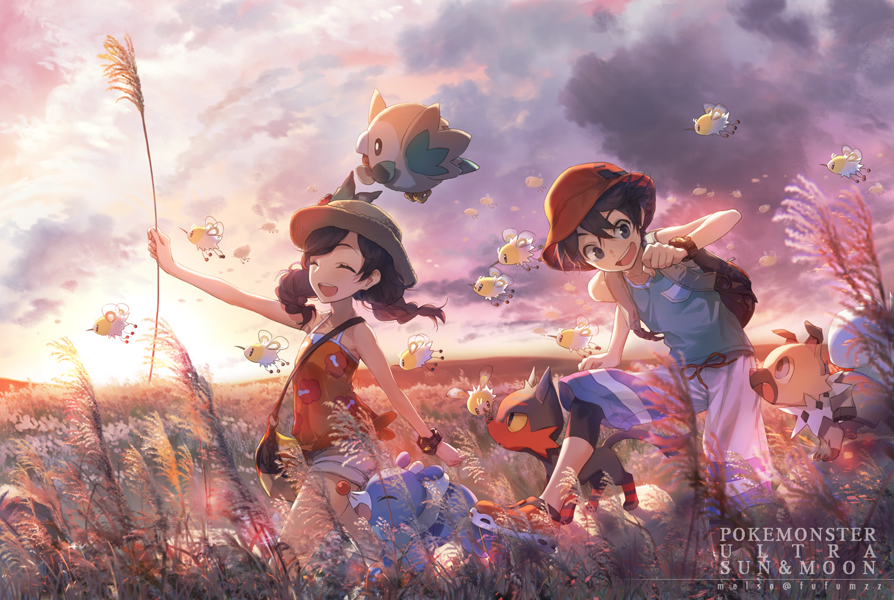 1boy 1girl artist_name backpack bag bare_shoulders black_eyes black_hair braid bucket_hat closed_eyes clouds copyright_name cutiefly handbag hat legwear_under_shorts litten long_hair melso mizuki_(pokemon_ultra_sm) open_mouth pokemon pokemon_(creature) pokemon_(game) pokemon_ultra_sm popplio rockruff rowlet short_hair shorts sky sun_hat tank_top twin_braids wheat wheat_field white_shorts you_(pokemon_ultra_sm) z-ring