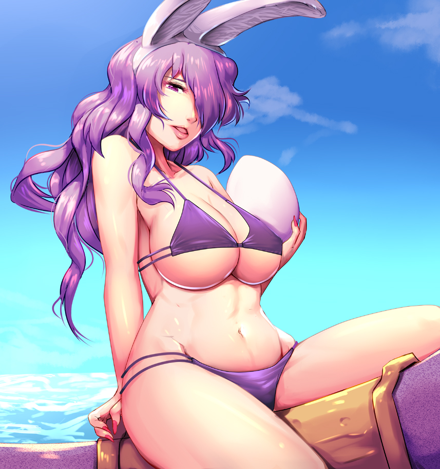 1girl animal_ears bare_shoulders belly bikini breasts camilla_(fire_emblem_if) cleavage easter_egg fire_emblem harihisa large_breasts lips long_hair nail_polish navel parted_lips purple_bikini rabbit_ears sitting solo swimsuit thighs under_boob violet_eyes