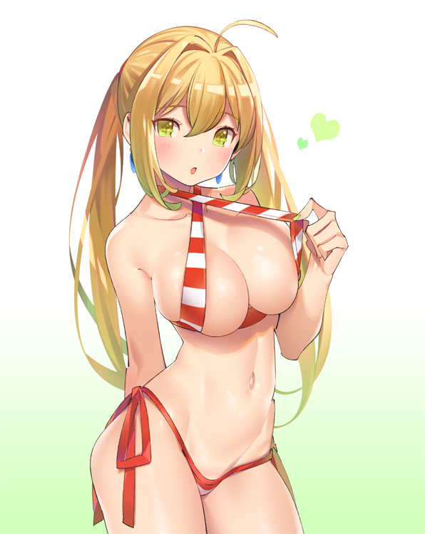 1girl ahoge arm_behind_back bikini bikini_pull blonde_hair blush breasts criss-cross_halter fate/grand_order fate_(series) green_eyes hair_intakes halterneck heart large_breasts long_hair looking_at_viewer navel nero_claudius_(swimsuit_caster)_(fate) open_mouth pop_kyun saber_extra side-tie_bikini simple_background solo striped striped_bikini swimsuit twintails white_background