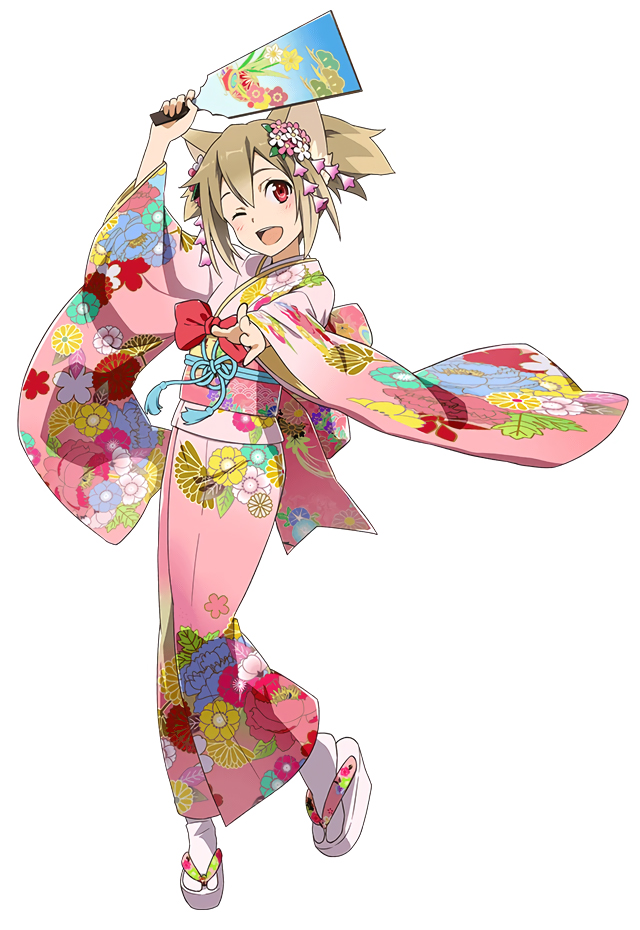 1girl animal_ears arm_up blush bow brown_hair cat_ears floral_print flower full_body furisode hair_between_eyes hair_flower hair_ornament holding japanese_clothes kimono long_sleeves looking_at_viewer obi official_art one_eye_closed outstretched_arm outstretched_hand paddle platform_footwear red_bow red_eyes round_teeth sandals sash short_hair silica solo sword_art_online tabi teeth wide_sleeves