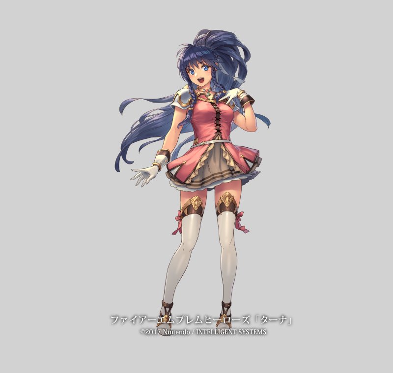 1girl 2017 :d arm arm_at_side armor armored_dress bare_arms black_hair blue_eyes blush bracelet braid breasts cuboon dress eyebrows_visible_through_hair female fire_emblem fire_emblem:_seima_no_kouseki fire_emblem_heroes full_body gloves grey_background grey_skirt hand_on_own_chest hand_up happy highres jewelry legs looking_at_viewer medium_breasts neck necklace nintendo official_art open_mouth pauldrons pegasus_knight ponytail princess red_clothes red_dress round_teeth short_dress shoulder_armor simple_background skirt smile solo standing tana teeth thigh-highs thigh_boots twin_braids very_long_hair white_boots white_gloves zettai_ryouiki