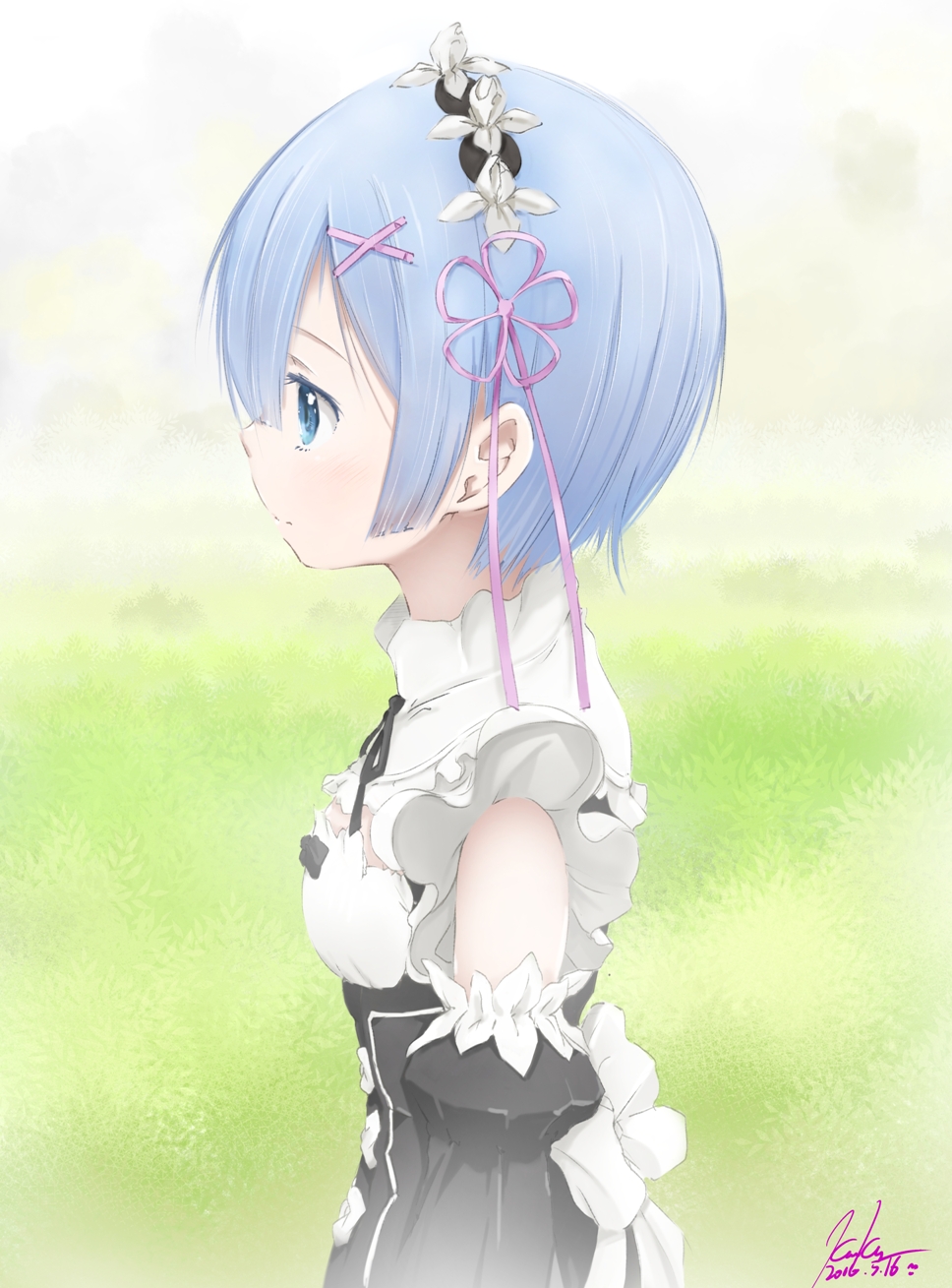 1girl 2016 black_ribbon blue_eyes blue_hair dated detached_sleeves from_side hair_between_eyes hair_ribbon head_wreath highres kem_kem neck_ribbon pink_ribbon re:zero_kara_hajimeru_isekai_seikatsu rem_(re:zero) ribbon short_hair signature solo standing upper_body