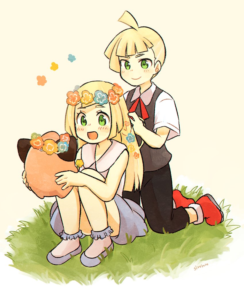 1boy 1girl black_pants black_vest blonde_hair brother_and_sister child cleffa dress gladio_(pokemon) green_eyes head_wreath kneeling lillie_(pokemon) long_hair open_mouth pants pokemon pokemon_(anime) pokemon_(creature) pokemon_sm_(anime) short_hair short_sleeves siblings siroromo sleeveless sleeveless_dress smile vest white_dress younger