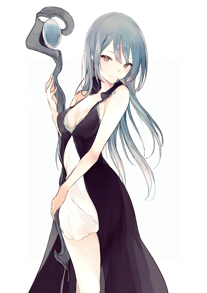 1girl bangs black_dress blue_hair blush breasts brown_eyes cleavage closed_mouth dress gown holding holding_staff long_hair looking_at_viewer lpip medium_breasts original sidelocks simple_background smile solo staff standing white_background