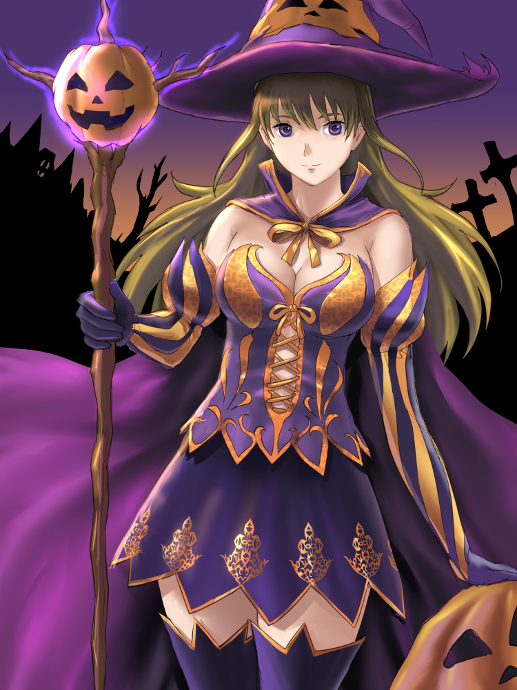1girl breasts brown_hair cape cleavage cross detached_sleeves elbow_gloves error gloves gradient_sky halloween hat ho_den_keiji holding holding_staff jack-o'-lantern long_hair looking_at_viewer medium_breasts original purple_cape purple_gloves purple_hat purple_legwear purple_skirt skirt smile staff standing striped_sleeves sunset thighs violet_eyes witch witch_hat