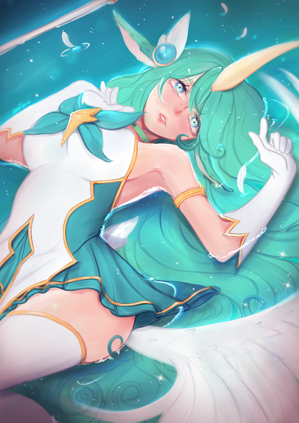 1girl alternate_costume alternate_eye_color alternate_hair_color armlet blue_eyes character_name feathers gloves green_hair green_skirt hair_ornament highres horn league_of_legends looking_at_viewer lying on_back parted_lips skirt solo soraka staff water white_gloves white_legwear