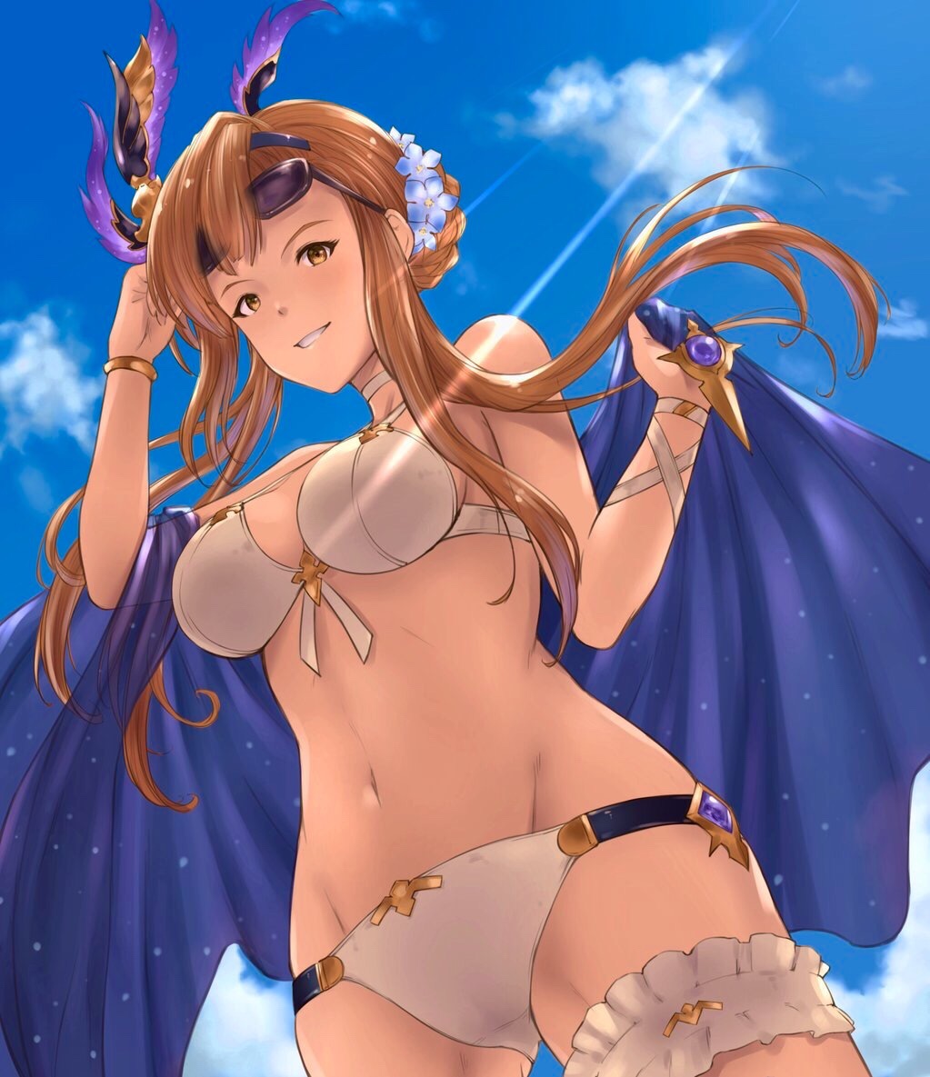 1girl bangs bare_shoulders bikini blue_flower blue_sky blush bracelet breasts brown_eyes brown_hair chokuro clouds commentary_request day feathers flower frills from_below front-tie_bikini front-tie_top gluteal_fold granblue_fantasy hair_feathers hair_flower hair_ornament holding jewelry leg_garter legs_apart light_rays looking_at_viewer looking_down medium_breasts navel outdoors parted_lips shawl short_hair_with_long_locks sidelocks sky smile solo song_(granblue_fantasy) stomach sunbeam sunglasses sunglasses_on_head sunlight swimsuit white_bikini white_choker wristband