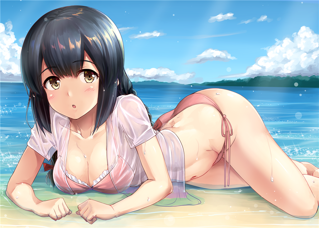 1girl ass bare_legs barefoot bikini black_hair blue_sky bow braid breasts brown_eyes clouds cloudy_sky collarbone day eyebrows_visible_through_hair hair_bow ichikawa_feesu isonami_(kantai_collection) kantai_collection long_hair lying medium_breasts navel on_side open_clothes open_mouth open_shirt outdoors partially_submerged pink_bikini see-through shirt side-tie_bikini sky solo sunlight swimsuit twin_braids wet wet_clothes wet_shirt