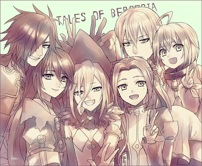 akke breasts choker eizen_(tales) eleanor_hume laphicet_(tales) long_hair looking_at_viewer magilou_(tales) monochrome multiple_boys multiple_girls rokurou_rangetsu short_hair simple_background smile tales_of_(series) tales_of_berseria velvet_crowe