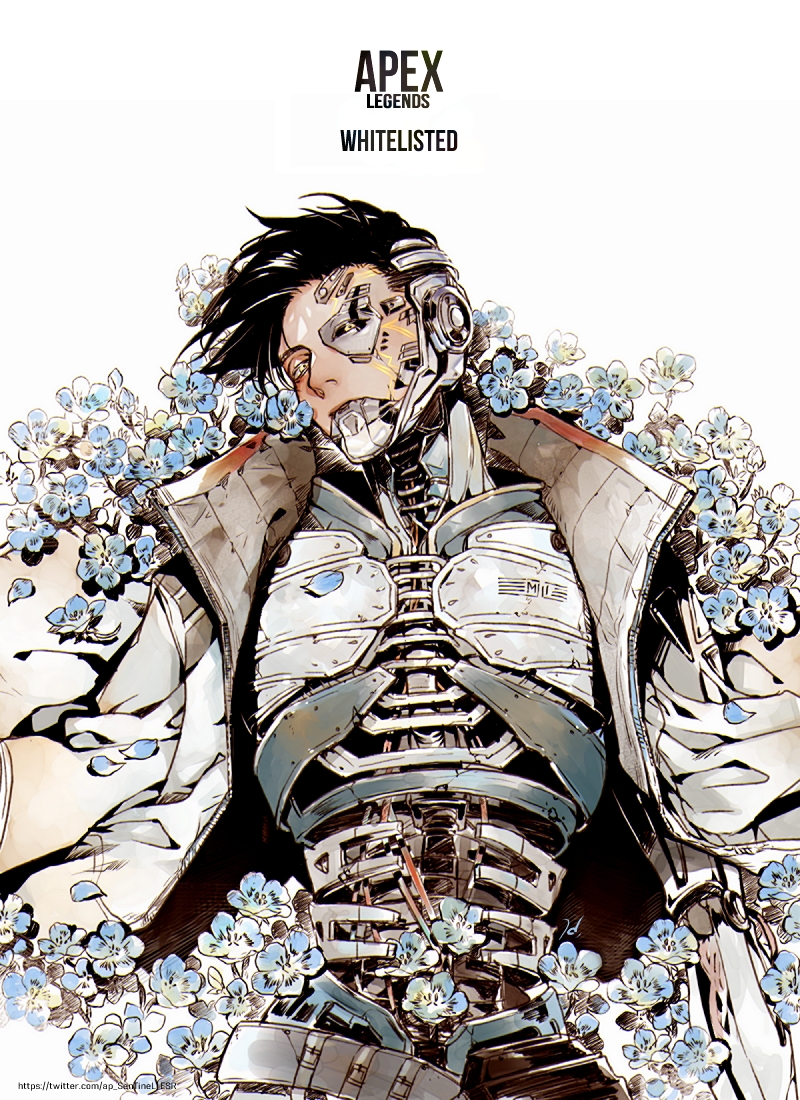 1boy apex_legends black_hair black_sclera blue_flower cable colored_sclera copyright_name crypto_(apex_legends) cyborg flower grey_jacket jacket looking_at_viewer lying male_focus official_alternate_costume on_back science_fiction sentinel_ga_koku_ni_aru solo web_address white_background whitelisted_crypto yellow_eyes