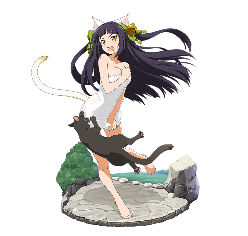 1girl \o/ animal_ears arms_up barefoot bell black_hair bow breasts cat cat_ears cat_tail character_request cleavage collarbone feet floating_hair full_body green_bow hair_bell hair_bow hair_ornament large_breasts long_hair naked_towel official_art outstretched_arms simple_background slit_pupils solo standing sword_art_online tail toes towel towel_tug transparent_background very_long_hair white_towel yellow_eyes