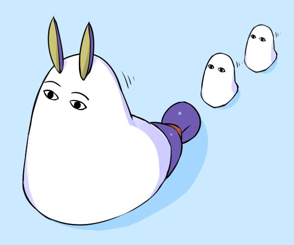 1girl animal_ears blanket blue_background chibi commentary_request cosplay fate/grand_order fate_(series) from_above full_body long_hair low-tied_long_hair medjed medjed_(cosplay) motion_lines nitocris_(fate/grand_order) ponytail purple_hair rabbit_ears ryou@ryou simple_background under_covers very_long_hair