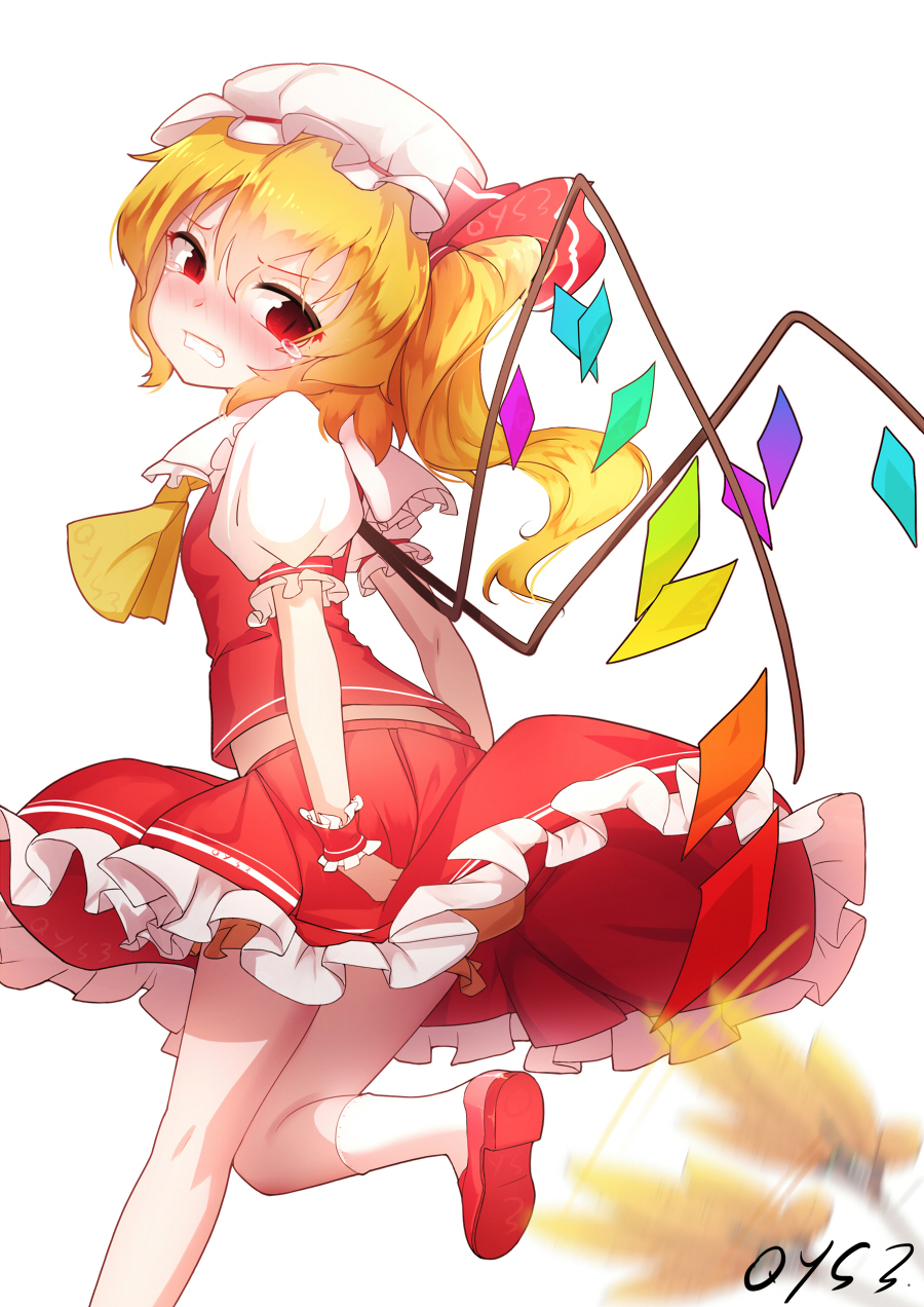 1girl ascot bai_yemeng blonde_hair bloomers blush clenched_teeth embarrassed fan flandre_scarlet frilled_skirt frills hat hat_ribbon highres miniskirt mob_cap puffy_short_sleeves puffy_sleeves red_eyes red_ribbon red_shoes red_skirt ribbon shoes short_sleeves side_ponytail signature simple_background skirt skirt_set skirt_tug slit_pupils socks solo standing standing_on_one_leg tears teeth touhou underwear vest white_background white_hat white_legwear wind wind_lift wings wrist_cuffs