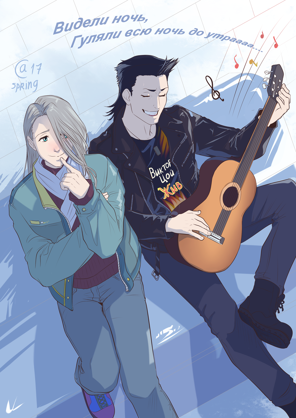 2boys black_hair blue_eyes boots closed_eyes clothes_writing finger_to_mouth georgi_popovich grin guitar hair_over_one_eye highres instrument jacket leather leather_jacket long_hair male_focus multiple_boys music musical_note playing_instrument russian sasha_gladysh scarf silver_hair sitting smile staff_(music) teenage translation_request treble_clef viktor_nikiforov younger yuri!!!_on_ice