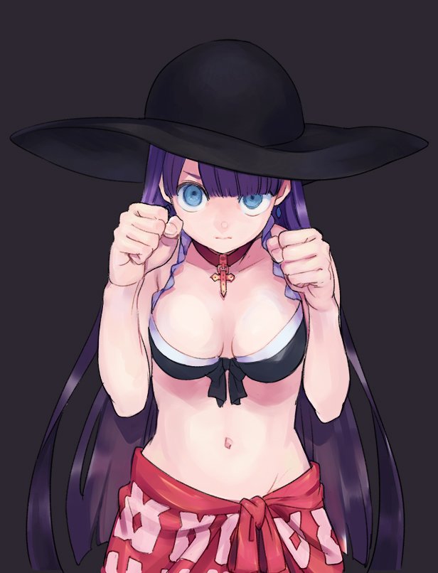 &gt;:| 1girl bangs bare_arms bikini black_bikini black_hat blue_eyes blunt_bangs breasts breasts_apart choker cleavage clenched_hands closed_mouth cross earrings fate/grand_order fate_(series) fighting_stance frills hat image_sample jewelry long_hair looking_at_viewer medium_breasts navel purple_hair saint_martha saint_martha_(swimsuit_ruler)_(fate) sarong serious simple_background solo standing stomach swimsuit twitter_sample urayamashiro_(artist) very_long_hair