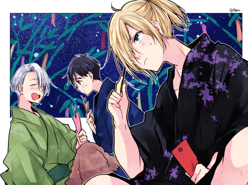 3boys bamboo black_hair blonde_hair brown_eyes closed_eyes dog green_eyes japanese_clothes katsuki_yuuri kimono lowres makkachin male_focus multiple_boys naho_(pi988y) silver_hair sky star_(sky) starry_sky tanabata tanzaku viktor_nikiforov yukata yuri!!!_on_ice yuri_plisetsky