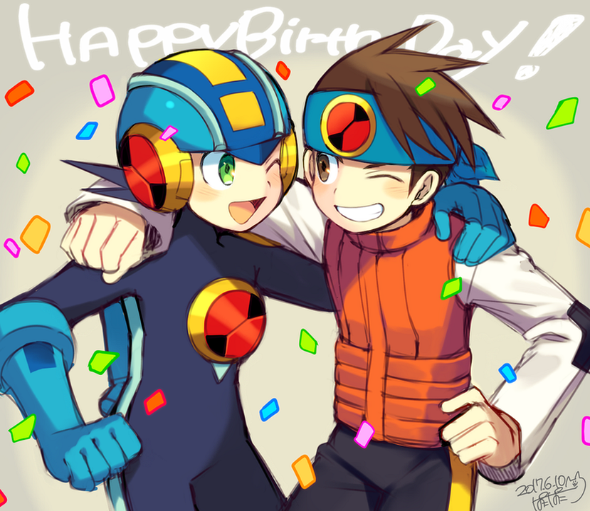 2boys arm_around_neck black_hair blush brown_hair confetti dated green_eyes hand_on_another's_shoulder happy_birthday headband hikari_netto iroyopon multiple_boys one_eye_closed open_mouth rockman rockman_exe rockman_exe_(character) short_hair signature smile teeth