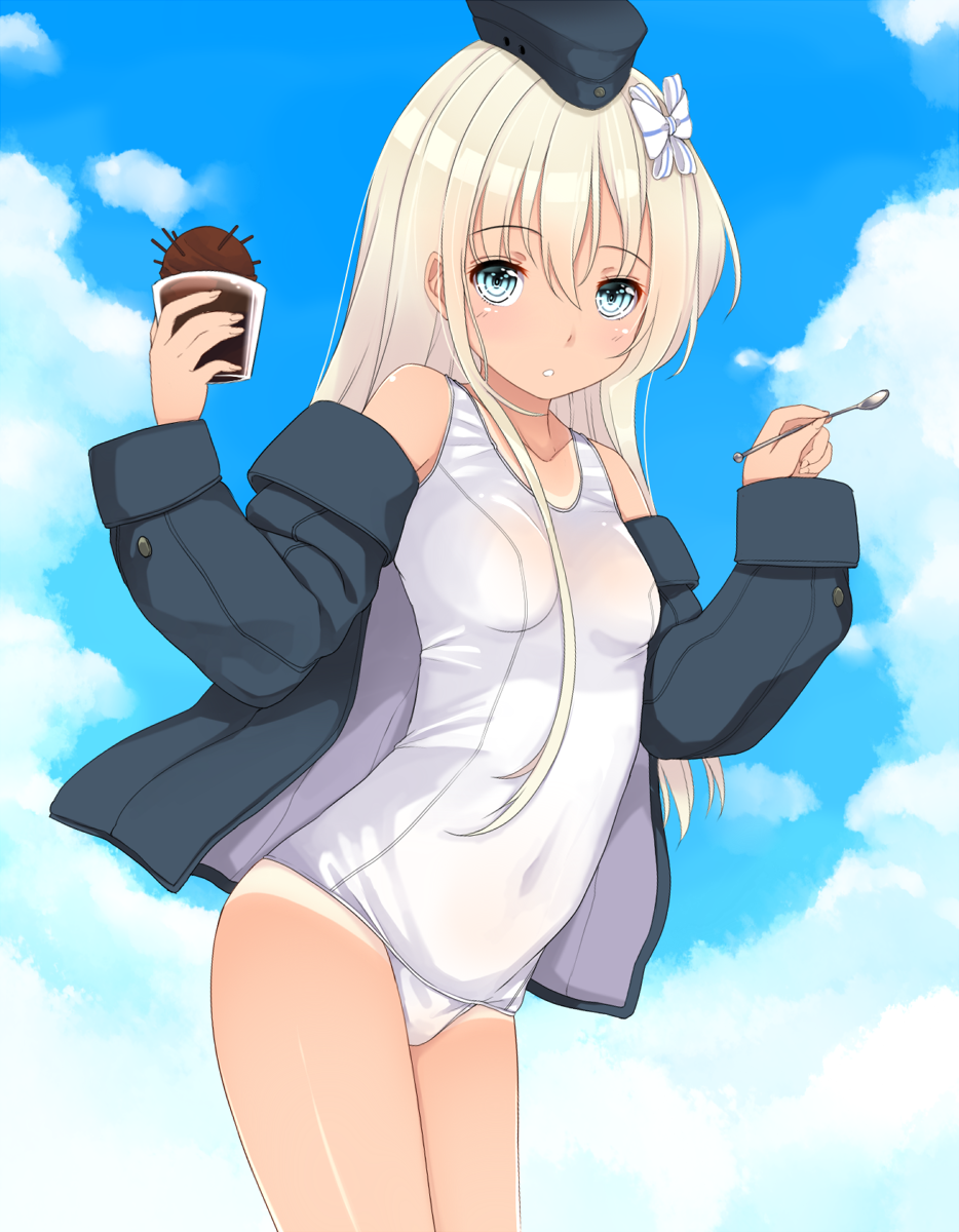 1girl black_jacket blonde_hair blue_eyes clouds covered_navel cowboy_shot flat_chest food garrison_cap hair_ribbon hat highres ice_cream jacket kantai_collection kiyomin long_hair looking_at_viewer one-piece_tan ribbon school_swimsuit sky solo spoon swimsuit tan tanline u-511_(kantai_collection) white_school_swimsuit white_swimsuit