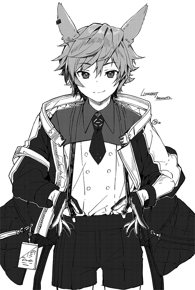 1boy animal_ears arknights closed_mouth eyebrows_visible_through_hair gloves greyscale hair_between_eyes id_card jacket leonhardt_(arknights) male_focus monochrome nagu necktie open_clothes open_jacket shorts signature simple_background smile solo white_background