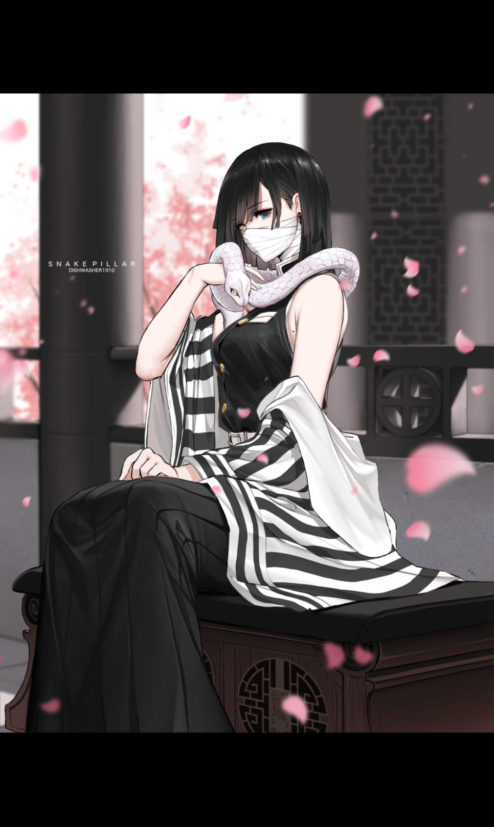 animal artist_name bangs bare_shoulders black_hair black_jacket black_skirt blue_eyes blurry blurry_background breasts brown_eyes cherry_blossoms commentary covered_mouth depth_of_field dishwasher1910 earrings eyebrows_visible_through_hair flower genderswap genderswap_(mtf) hand_up heterochromia highres iguro_obanai jacket jewelry kimetsu_no_yaiba letterboxed long_skirt long_sleeves looking_at_viewer medium_breasts mole off_shoulder open_clothes petals pink_flower pleated_skirt skirt sleeveless sleeveless_jacket snake striped stud_earrings white_snake wide_sleeves