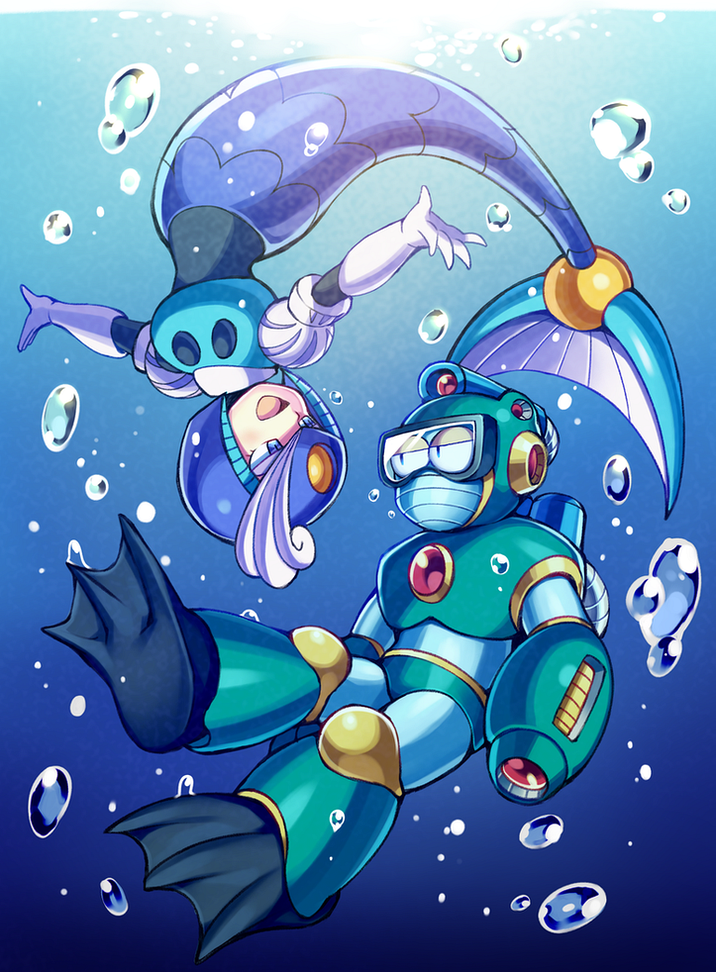 1boy 1girl arm_cannon blue_eyes blush bubble bubbleman flippers iroyopon looking_at_another mermaid monster_girl open_mouth rockman rockman_2 rockman_9 smile splash_woman underwater upside-down weapon