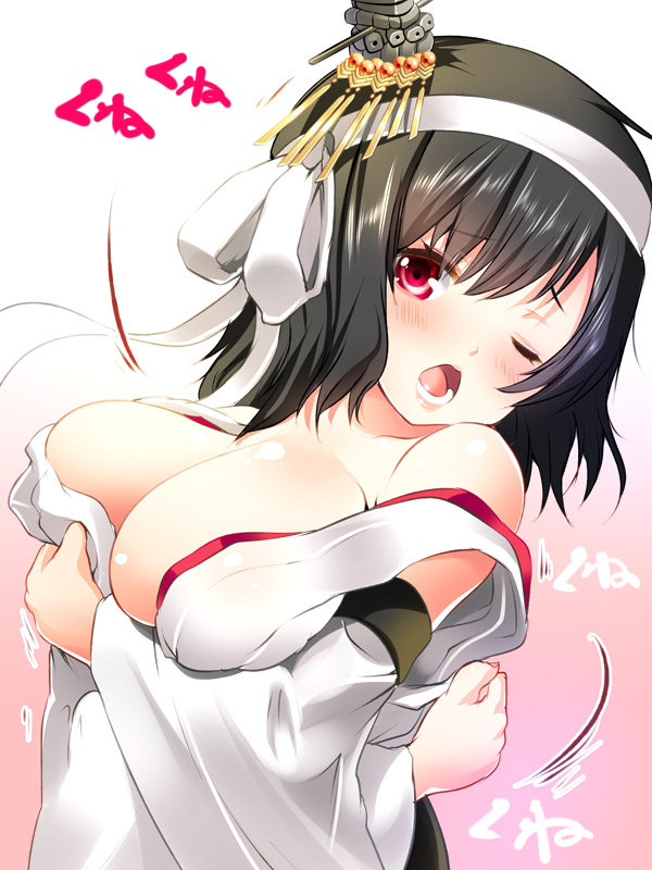 1girl ;o bangs bare_shoulders black_hair blush breasts cleavage crossed_arms detached_sleeves hair_ornament headband japanese_clothes kantai_collection large_breasts long_sleeves looking_at_viewer maki_(seventh_heaven_maxion) miko nontraditional_miko one_eye_closed open_mouth red_eyes remodel_(kantai_collection) solo upper_body wardrobe_malfunction wide_sleeves yamashiro_(kantai_collection)