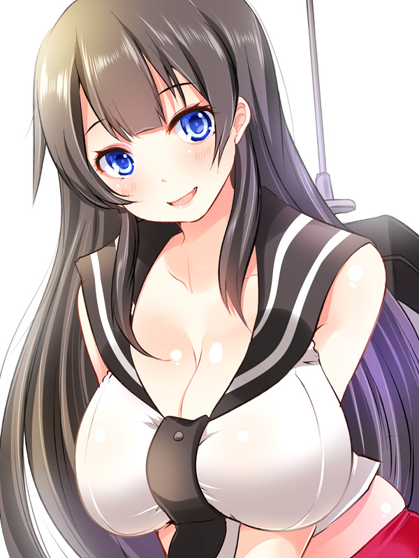 1girl agano_(kantai_collection) bangs black_hair blue_eyes blunt_bangs blush breasts cleavage collarbone kantai_collection large_breasts leaning_forward long_hair looking_at_viewer machinery maki_(seventh_heaven_maxion) parted_lips school_uniform serafuku sleeveless smile solo upper_body v_arms very_long_hair